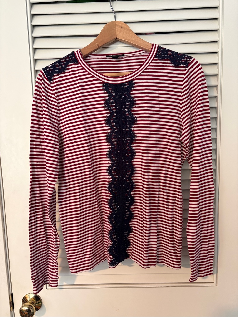 J. Crew Red & White Striped Long-Sleeve Top with Navy Lace Trim